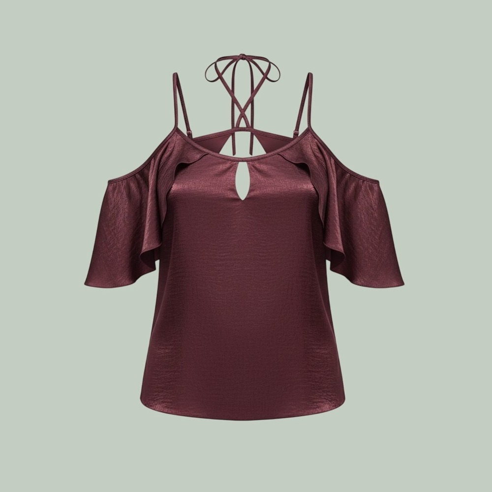 Romantic Chic Satin Cold Shoulder Ruffle Blouse Women L Burgundy Mary & Mabel